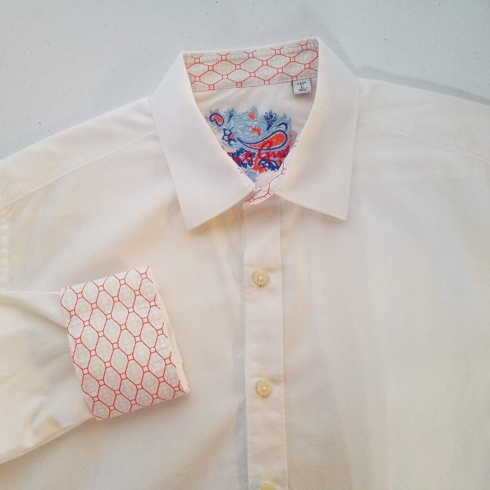 Robert Graham Mens White Damask Design Button Front L/S Classic‎ Fit Shirt Large